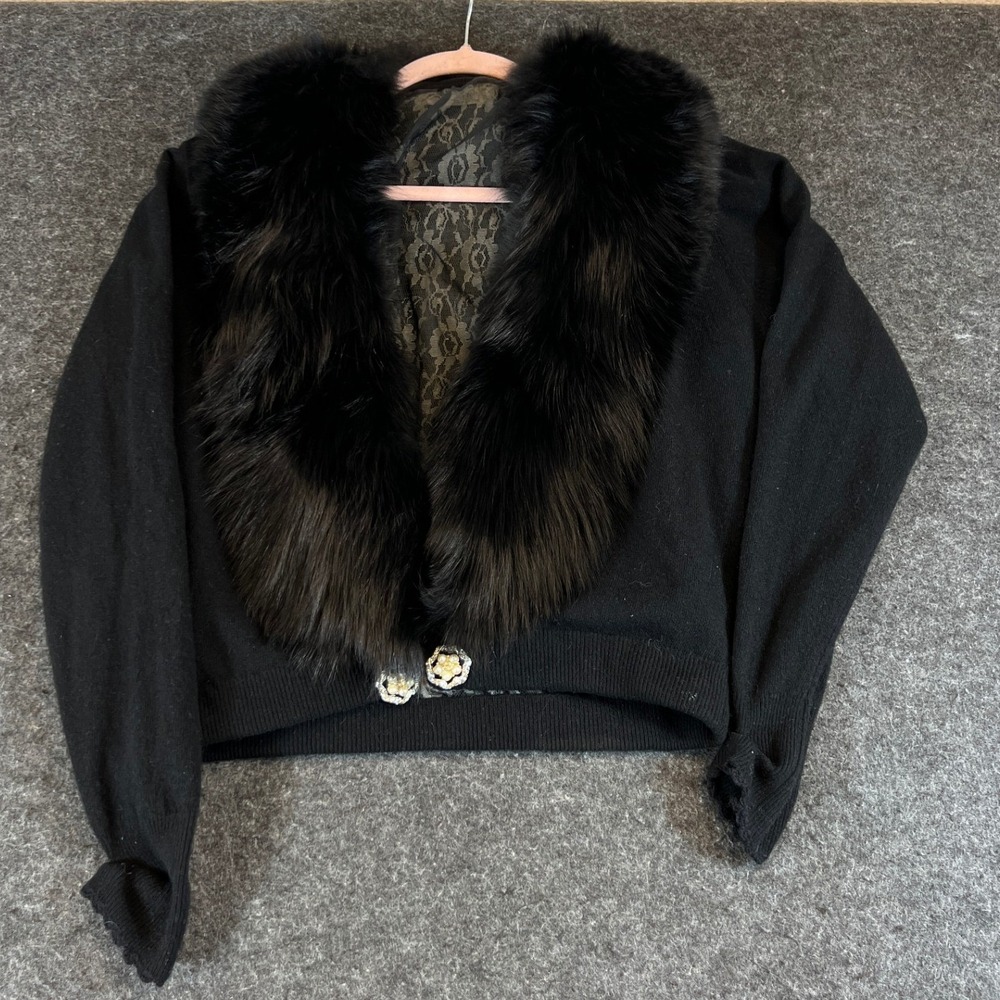 VTG 50s Cashmere Cardigan Womens L Black Fox Fur Collar Pearl Button Sweater